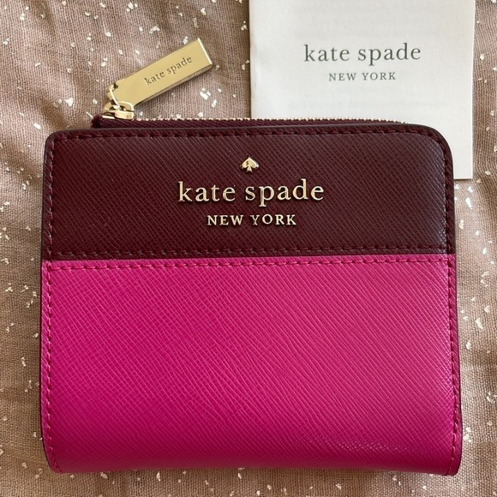 Brand New Kate Spade Genuine Leather Pink & Burgundy Zippered Wallet Colorblock